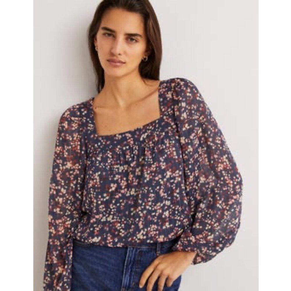 Boden Square Neck Floral Printed Top, Navy Multicolor, Size 10